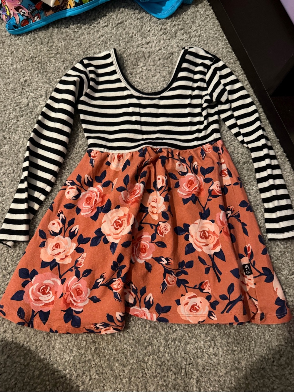 Striped Black & Cream Bodice with Coral Floral Skirt Girls' Dress